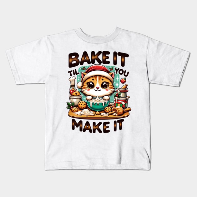 Bake It Til You Make It Christmas Cat Baking Kids T-Shirt by TheCloakedOak